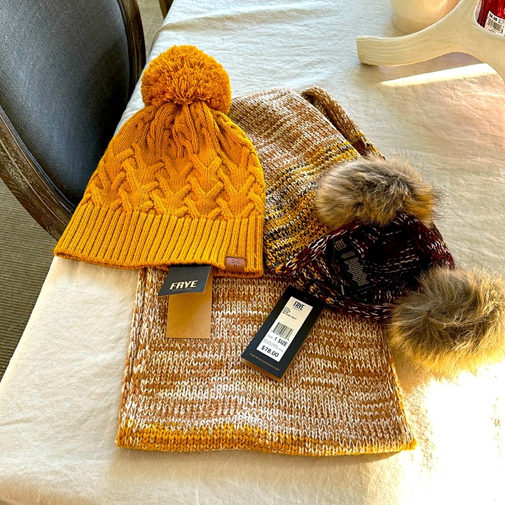 Frye multi camel and musters hat and scarf set with faux fur pom poms New!